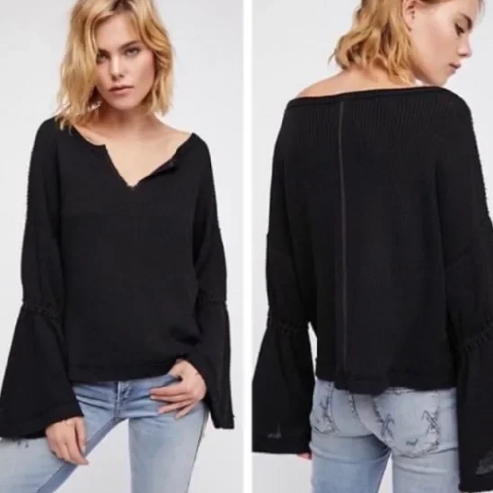 Free People Dahlia Long Bell Sleeve Thermal Knit Sweater Top Black XS